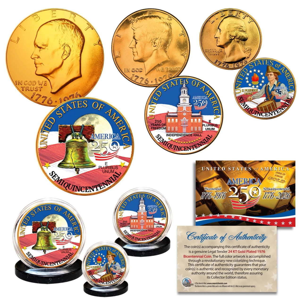1776–2026 America 250th Anniversary 3 Coin Set JFK IKE QTR