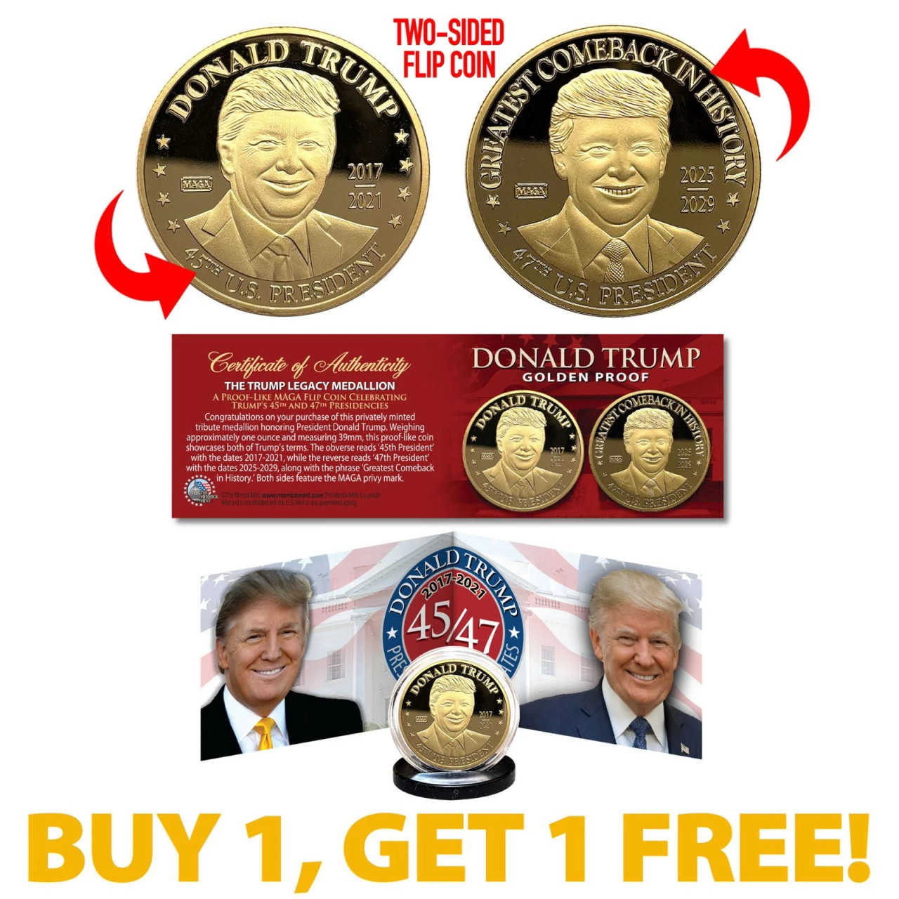 TRUMP 45th 47th President Legacy 1 OZ Golden Tribute Dual Flip