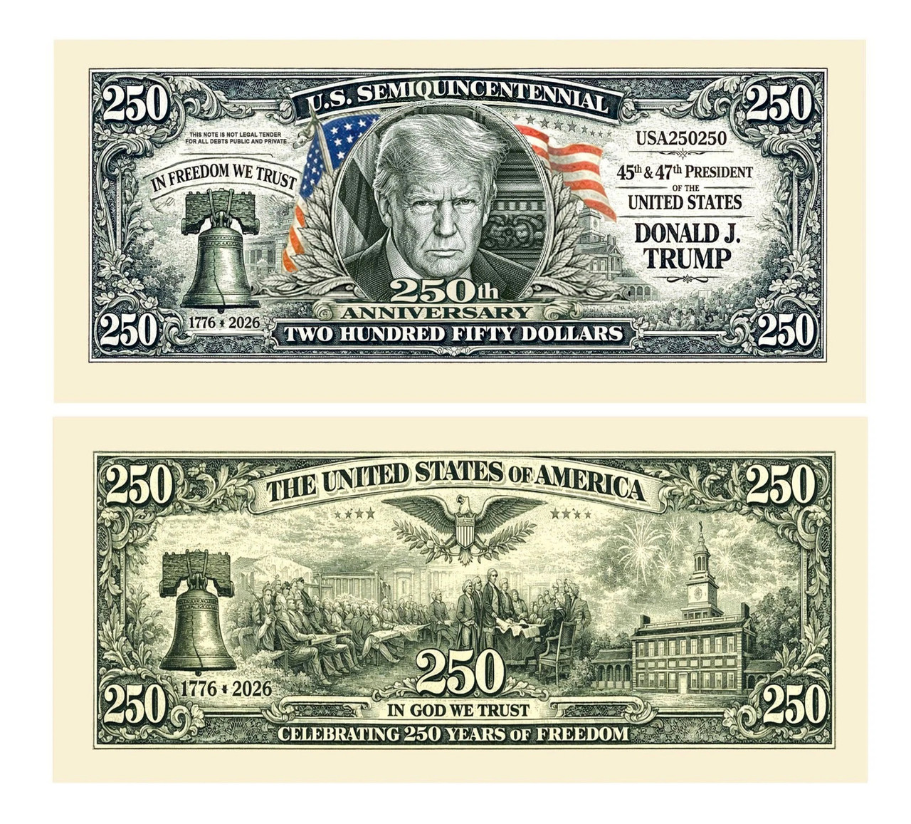 Set of 20 U.S. Semiquincentennial Trump 250 Dollar Novelty Bills