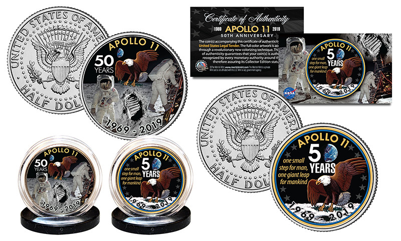 APOLLO 11 50th Anniversary Man on Moon Colorized JFK Half Dollar 2 Coin Set