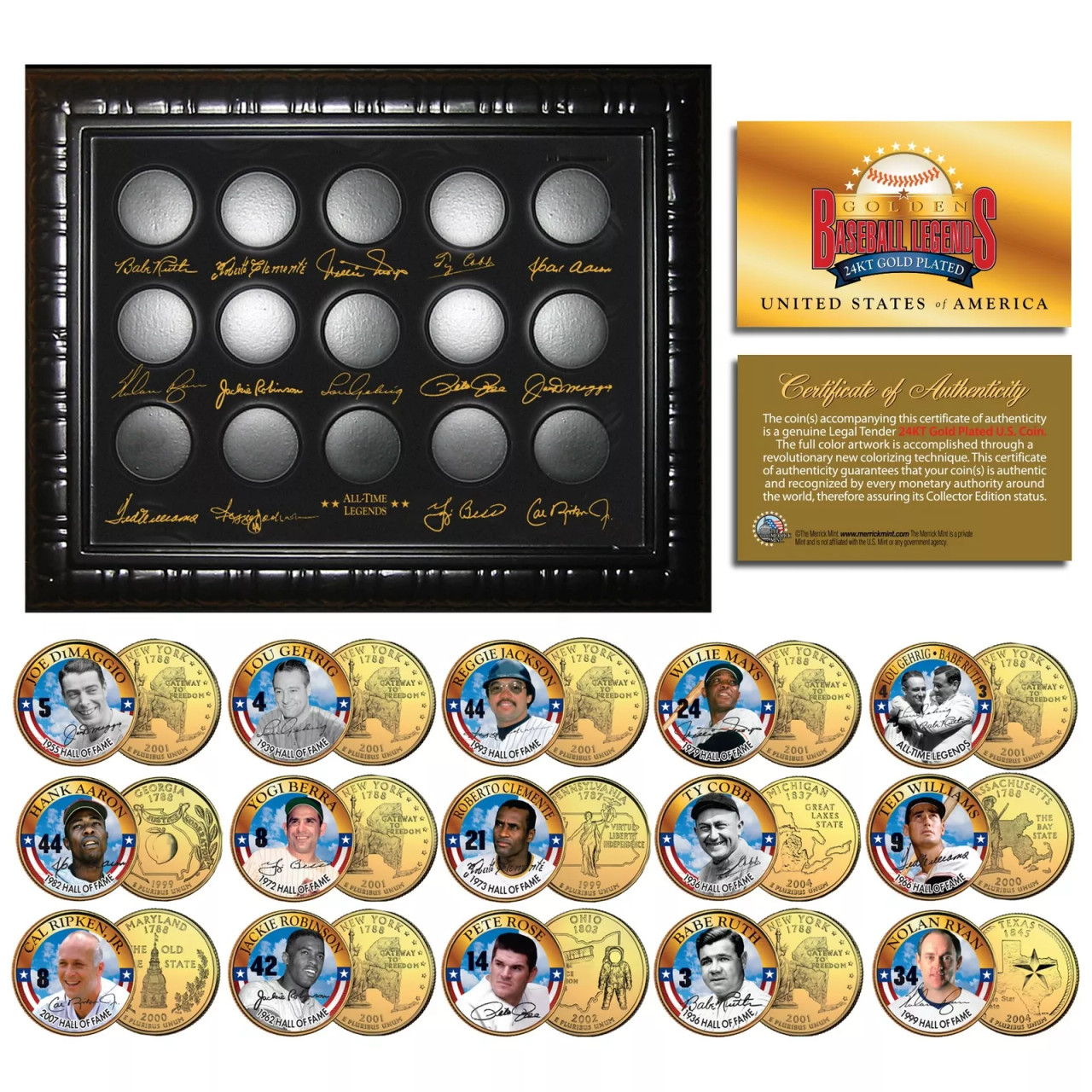 Golden Baseball Legends State Quarter Collection 15 Coin Set