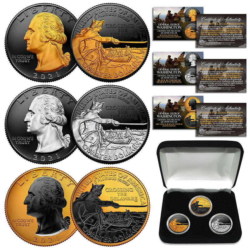 2021 Washington Crossing Delaware Quarters RUTHENIUM GOLD SILVER Set of All  3 With Case