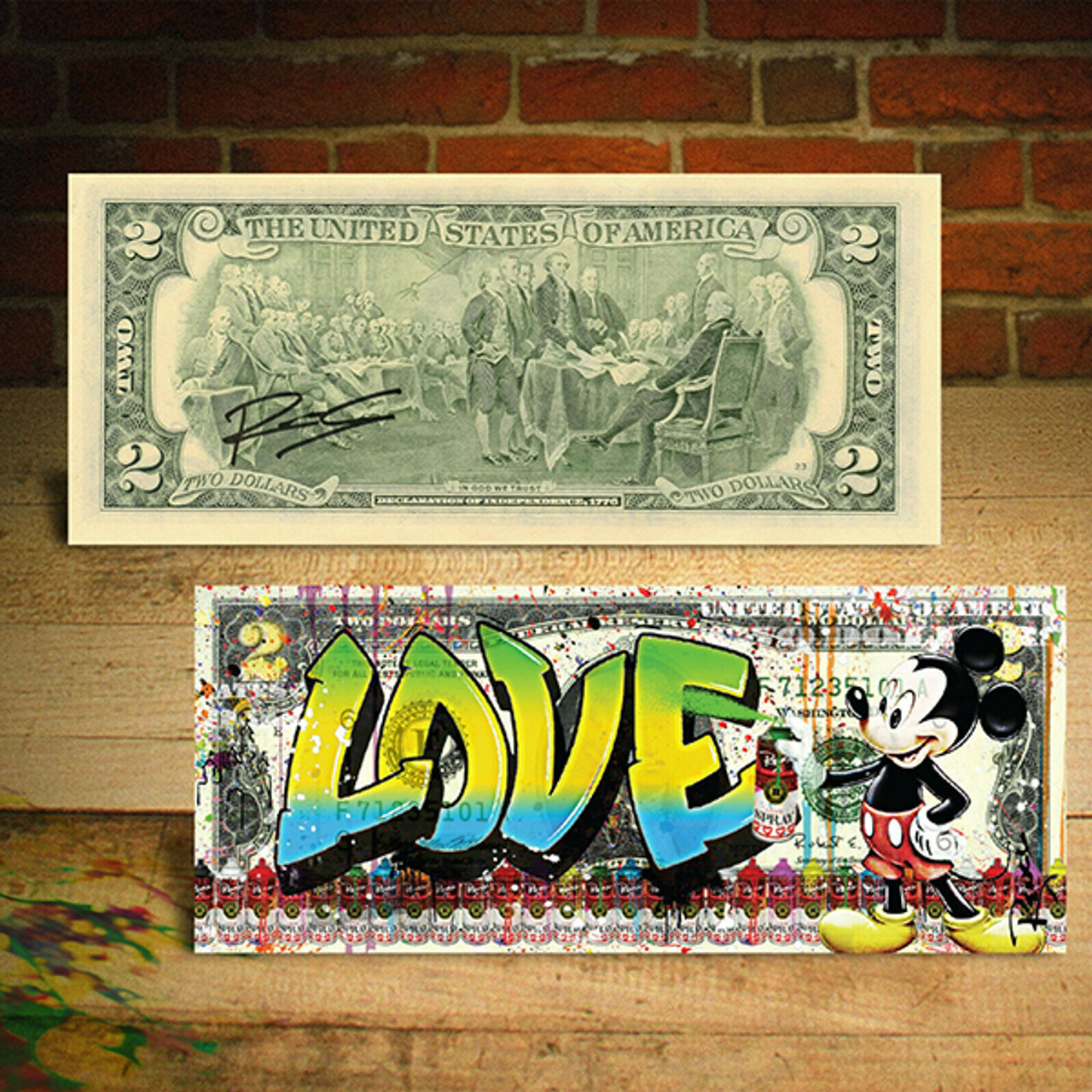 Banksy / Rency Mickey Mouse ミッキーマウス 2$ MICKEY MOUSE Graffiti LOVE $2 Bill Pop Art - HAND SIGNED by