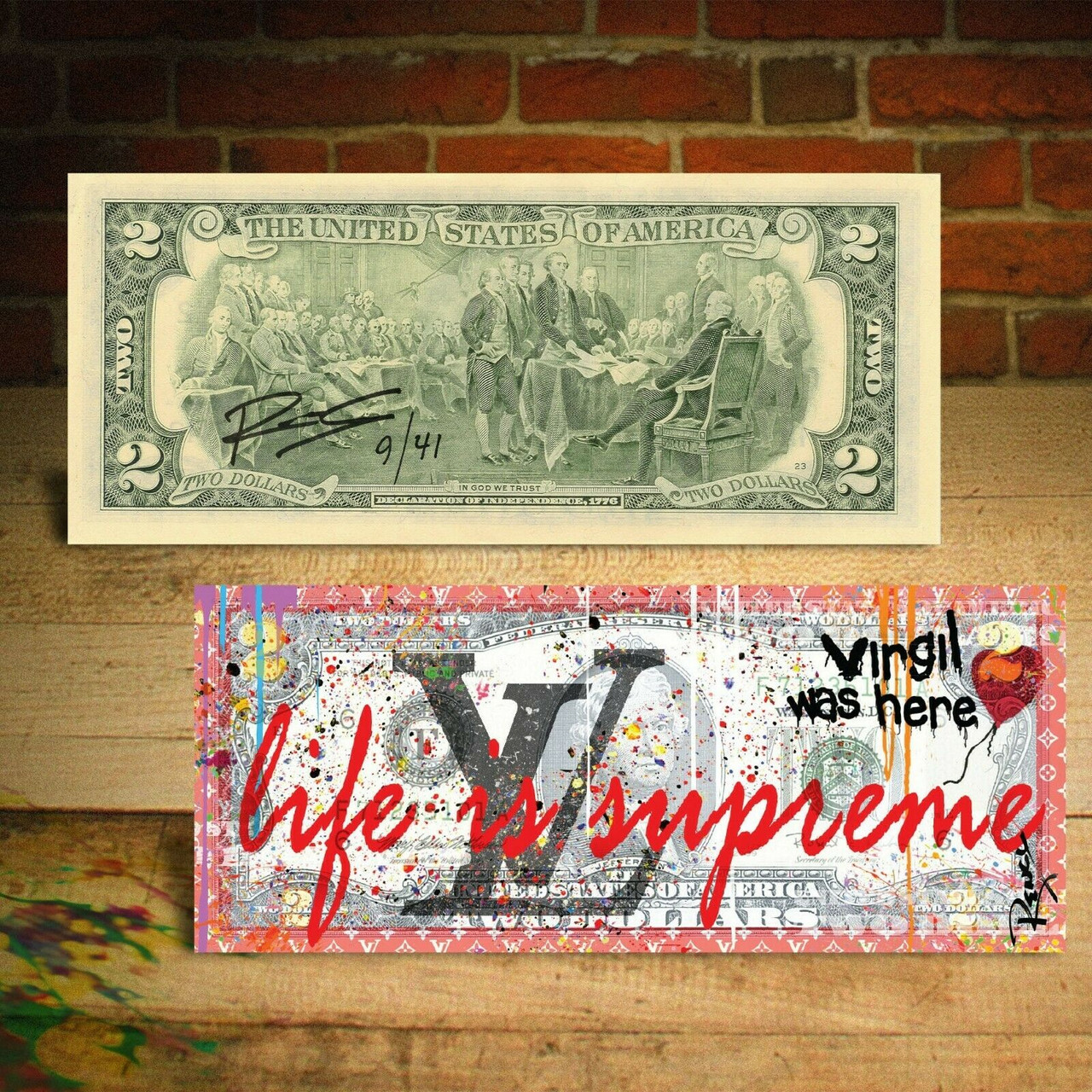 LIFE IS SUPREME White LOUIS VUITTON Virgil RENCY DIAMOND DUST $2 Bill SN #  of 8