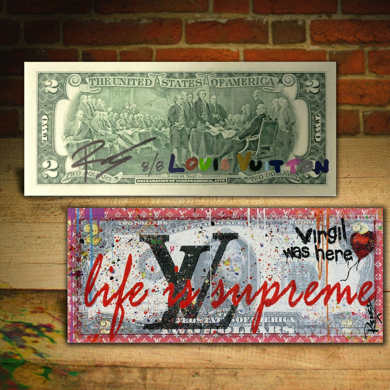 LIFE IS SUPREME White LOUIS VUITTON Virgil RENCY DIAMOND DUST $2 Bill SN #  of 8