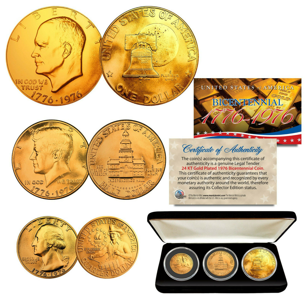 1976 Bicentennial 24K Gold Plated JFK Half / IKE Dollar / Quarter