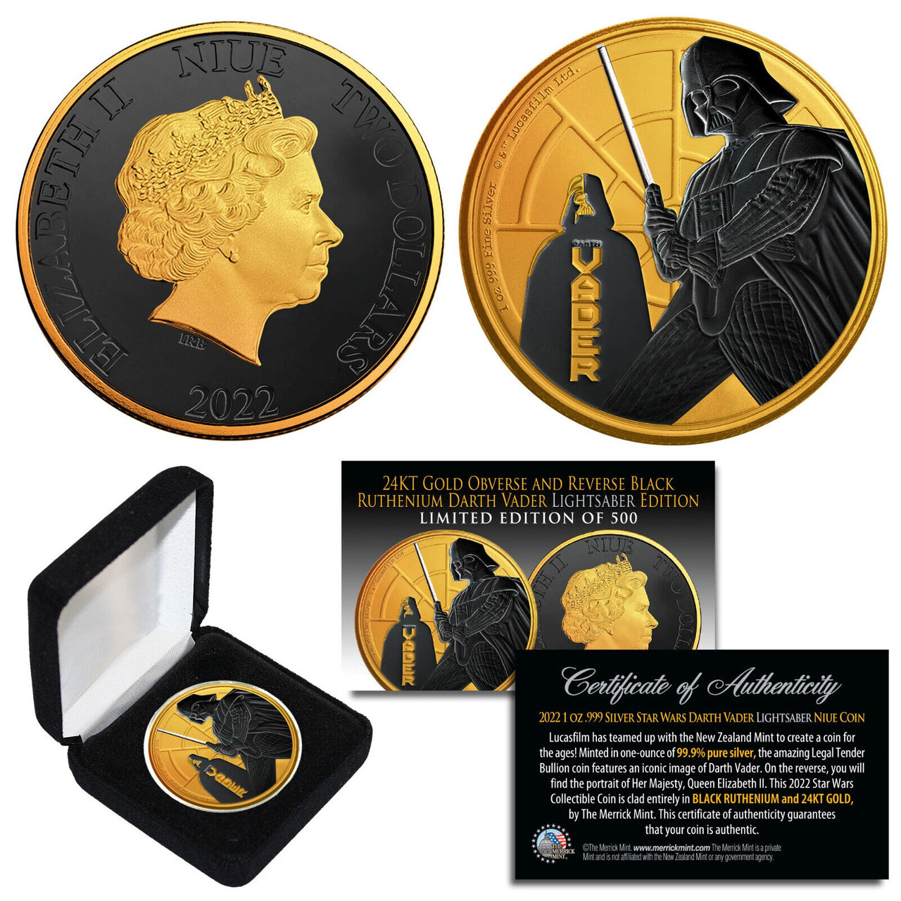 2022 NZM 1 Oz. Silver STAR WARS Coin 24K Gold & Black Ruthenium