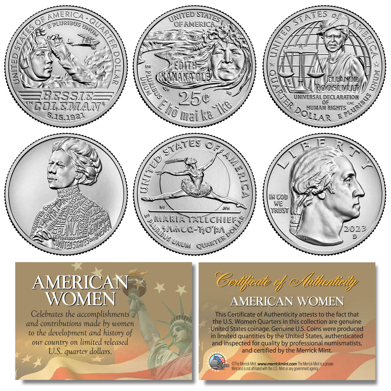 Lady On Back Of 2023 Quarter 2023 American Women Quarters US Mint 5 Coin Complete Set in Capsules