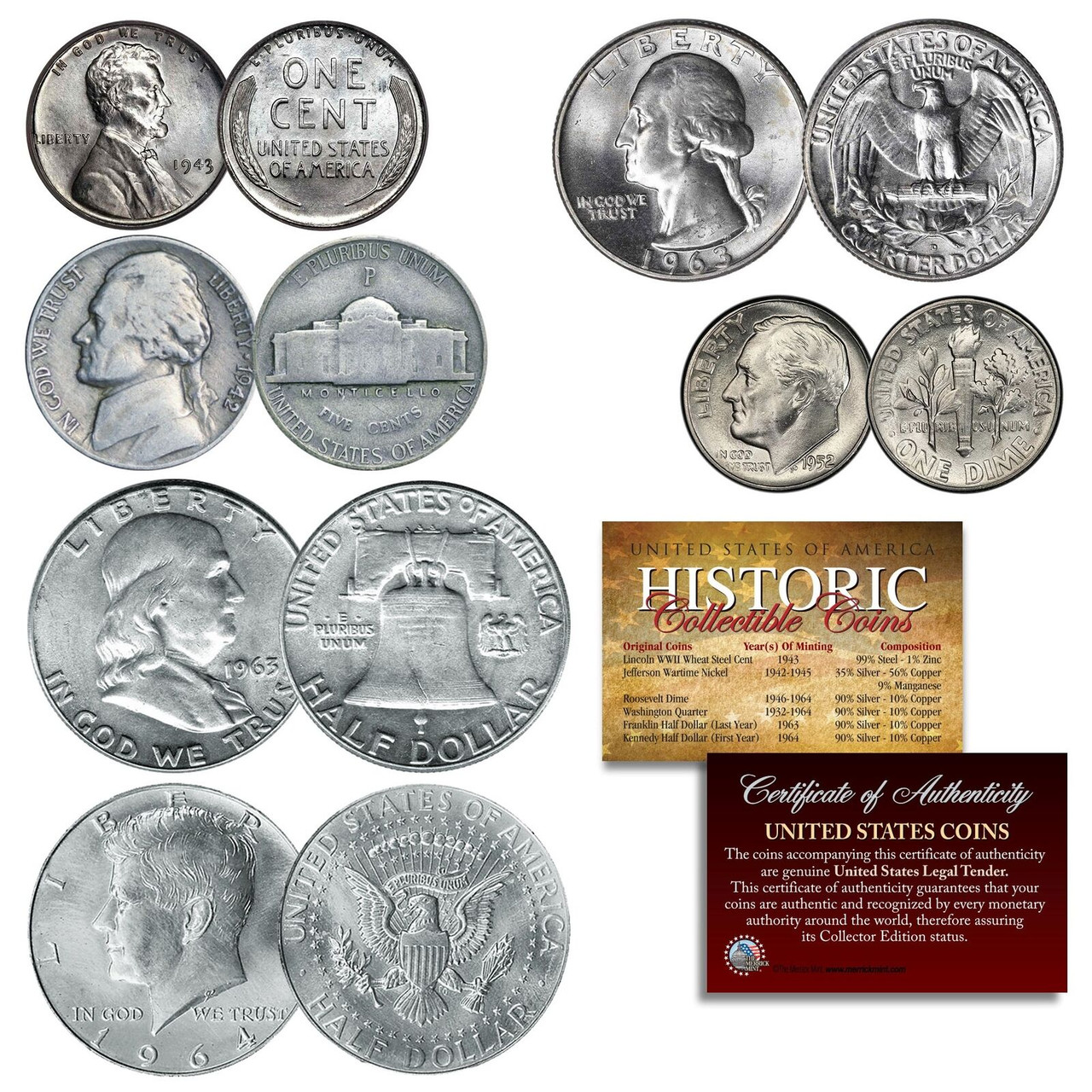 【WAR TIME COIN COLLECTION】アメリカ アンティーク Original Vintage US Silver 6 Coin Set of Historic Circulating