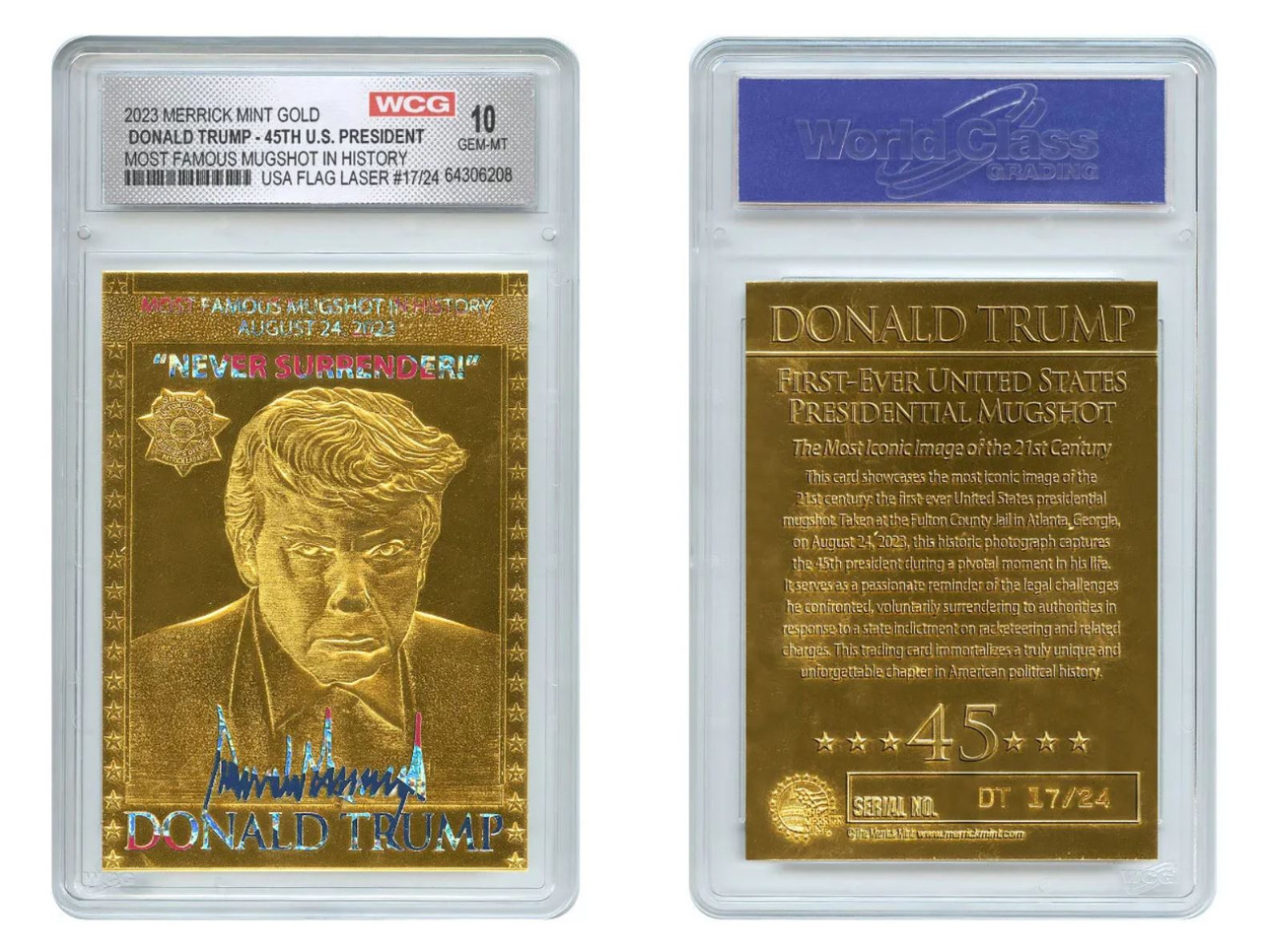 DONALD TRUMP President MUGSHOT FLAG LASER GOLD Card GEM-MINT 10