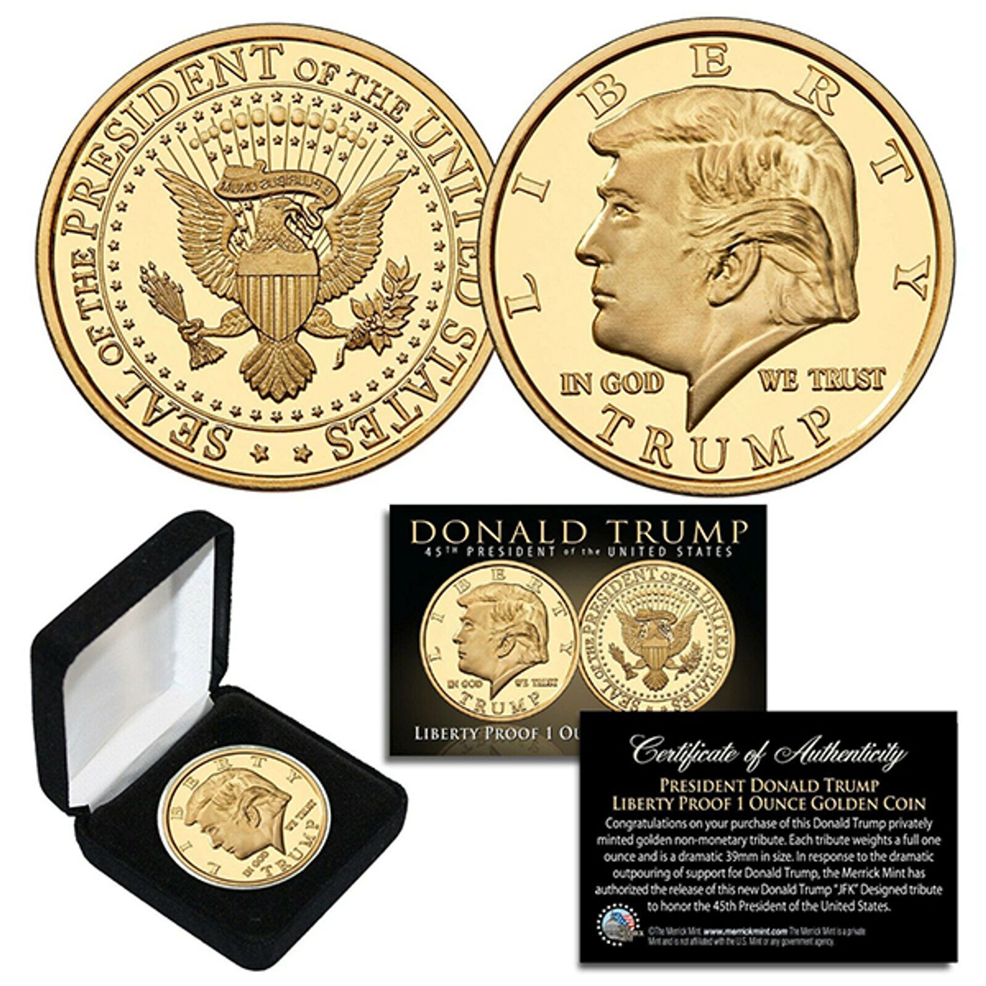 Donald Trump 45th President Liberty Proof Golden Tribute 1 Oz. Coin