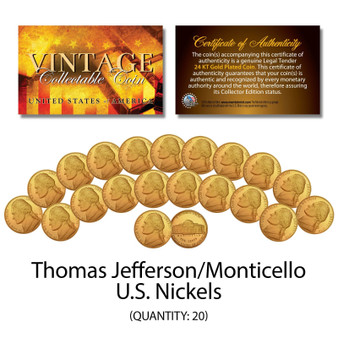 Thomas Jefferson 1970's 80's 90's NICKELS Uncirculated 24K Gold Clad - QTY 20