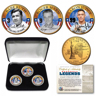 RUTH, MARIS, JUDGE Yankee Greats NY State Quarters 24K Gold Clad 3 Coin Set With Case