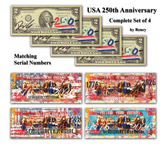 COMPLETE SET OF 4 USA 250th Anniversary 1776-2026 Rency Hand Signed U.S. $2 Bills LTD of 76 with MATCHING SERIAL NUMBERS