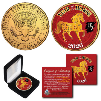 2026 Chinese New YEAR OF THE HORSE 24K Gold Plated JFK Half Dollar With Case