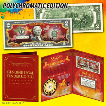 2026 Chinese New YEAR OF HORSE Polychromatic 8 COLOR HORSES Colorized $2 Bill in 8"x10" Deluxe Folio 2026 Chinese New YEAR OF HORSE Polychromatic 8 COLOR HORSES Colorized $2 Bill in 8"x10" Deluxe Folio