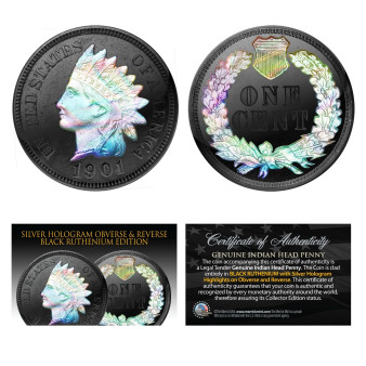 1900's Genuine INDIAN HEAD PENNY  - BLACK RUTHENIUM & SILVER HOLOGRAM - HoloNight Edition