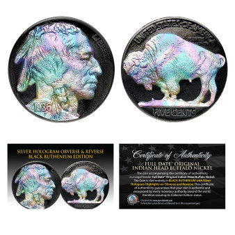 1930's Original Indian Head Buffalo Nickel - BLACK RUTHENIUM & SILVER HOLOGRAM - HoloNight Edition