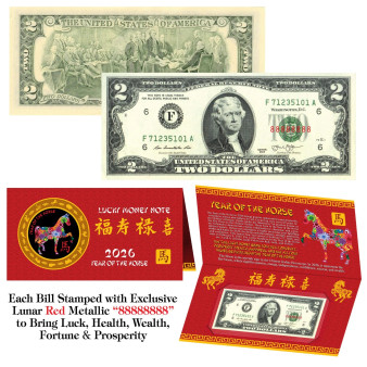 2026 Chinese YEAR of the HORSE Red Lunar Metallic Lucky 8 U.S. $2 Bill w/ Folder