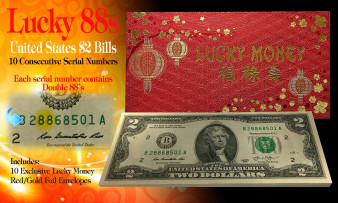 CNY Lucky Money $2 Bills BEP Pack of 10 Consecutive - All Double 88 Serial #’s