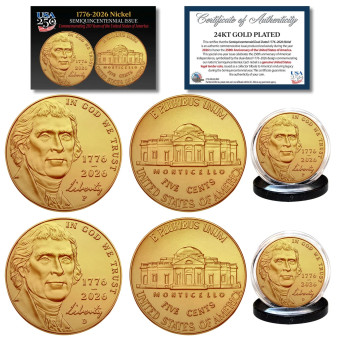 2026 P&D MINT 24K GOLD Plated Jefferson Liberty Nickel 2 Coin Set BU America 250