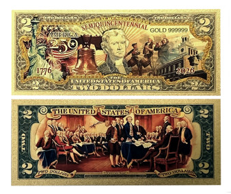 Set of 4 USA 250th Anniversary 1776-2026 Novelty Gold $2 Bills