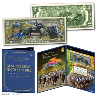 JOSE ORTIZ Autographed Horse Racing Jockey Colorized $2 Bill in Large 8" x 10" Display