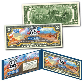 ROUTE 66 CENTENNIAL 100th Anniversary 1926-2026 Colorized $2 Bill AMERICA 250