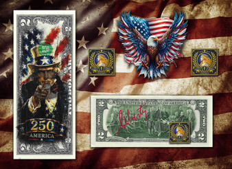 America 250 Uncle Sam Colorized & Liberty Signed $2 Bill