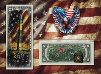 America 250 Washington Monument Colorized & Liberty Signed $2 Bill