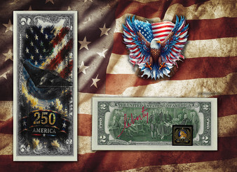 America 250 B-2 Stealth Bomber Colorized & Liberty Signed $2 Bill
