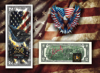 America 250 B-2 Stealth Bomber Colorized & Liberty Signed $2 Bill