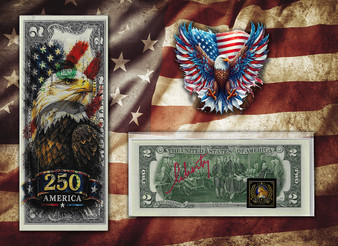 America 250 Bald Eagle Colorized & Liberty Signed $2 Bill