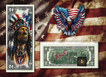 America 250 Native American Chief Colorized & Liberty Signed $2 Bill