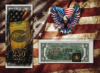 America 250 Declaration Of Independence Colorized & Liberty Signed $2 Bill