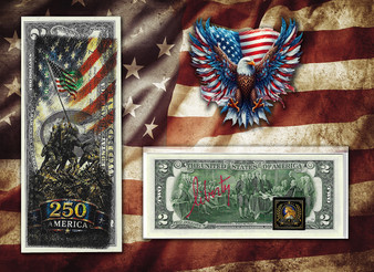 America 250 Raising The Flag Colorized & Liberty Signed $2 Bill