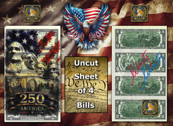 Uncut Sheet of 4 $2 Bills Liberty Colorized America 250 - Mt. Rushmore