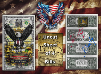 Uncut Sheet of 4 $1 Bills Liberty Colorized America 250 - Black Eagle