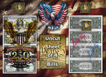 Uncut Sheet of 4 $1 Bills Liberty Colorized America 250 - Black Eagle Emblem