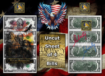 Uncut Sheet of 4 $2 Bills Liberty Colorized - National Monuments - Mt. Rushmore
