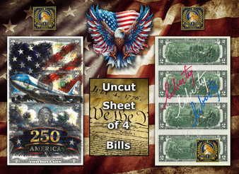 Uncut Sheet of 4 $2 Bills Liberty Colorized America 250 - Air Force One