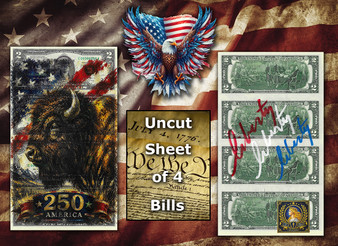 Uncut Sheet of 4 $2 Bills Liberty Colorized America 250 - American Bison