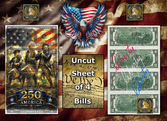 Uncut Sheet of 4 $2 Bills Liberty Colorized America 250 - Fife & Drum Corps