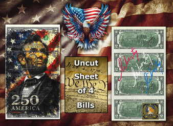Uncut Sheet of 4 $2 Bills Liberty Colorized America 250 - Abraham Lincoln