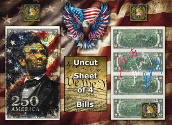 Uncut Sheet of 4 $2 Bills Liberty Colorized America 250 - Abraham Lincoln
