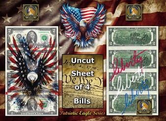 Uncut Sheet of 4 $2 Bills Liberty Colorized - Patriotic Eagle Series