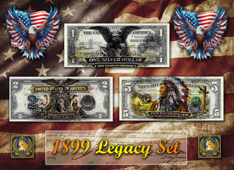 1899 Legacy Set of 3 Liberty Signed Colorized Bills - $1, $2 & $5 Notes