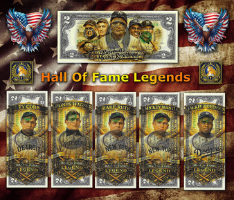 Baseball Hall of Fame Legends - Colorized Liberty Signed Set of 6 $2 Bills