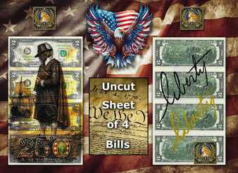 Uncut Sheet of 4 $2 Bills Liberty Colorized America 250 - Pilgrim & Mayflower