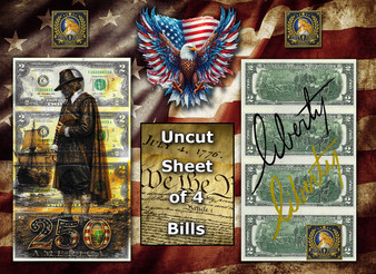 Uncut Sheet of 4 $2 Bills Liberty Colorized USA 250 - Pilgrim & Mayflower